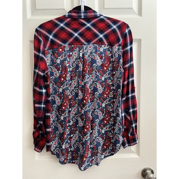 KUT FROM THE KLOTH Red Plaid Mix Media Button Up Shirt Blouse - Picture 7 of 13